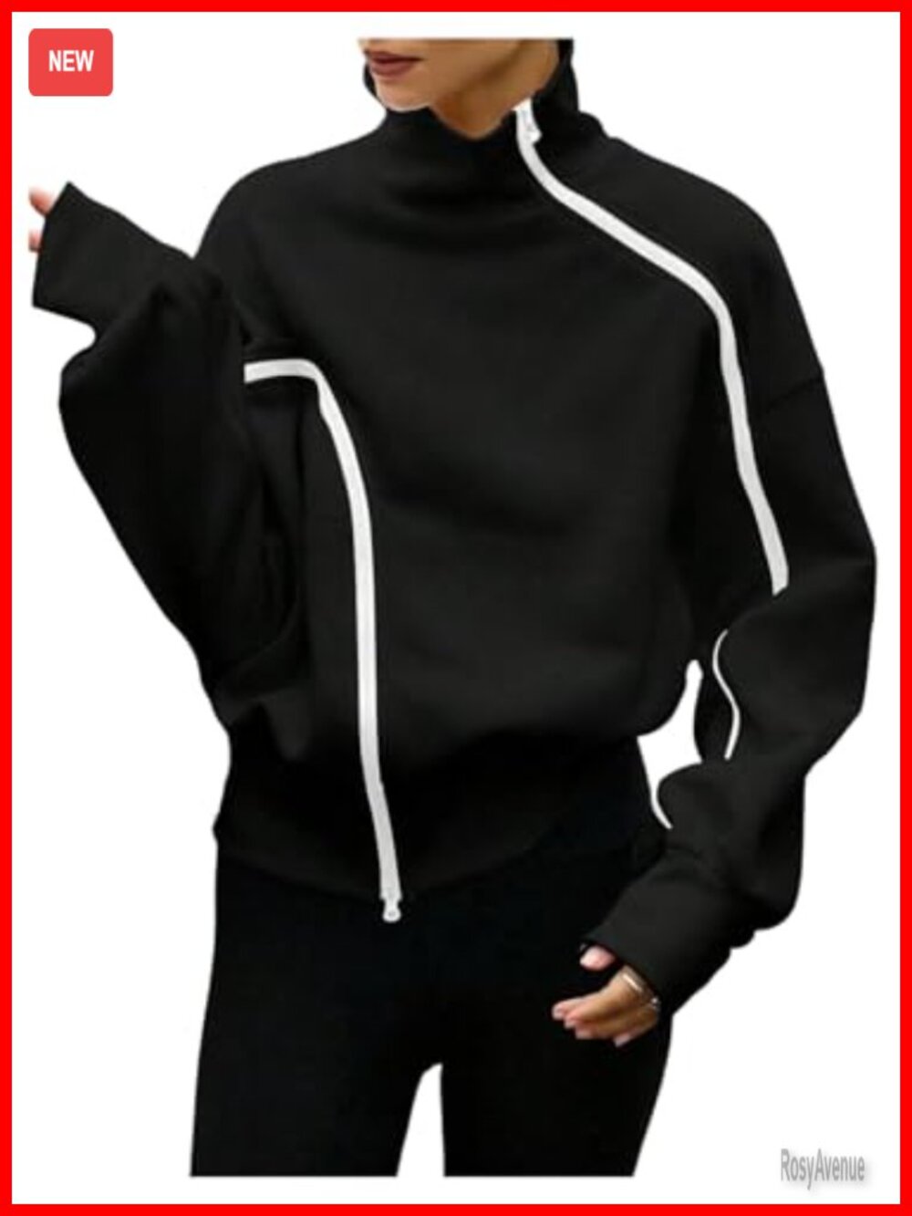 Zip Up High Neck Asymmetrical Sweatshirt Fleece Lined Loose Fit
